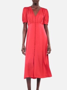 The Kooples Red V-Neck Button-Front Midi Dress
